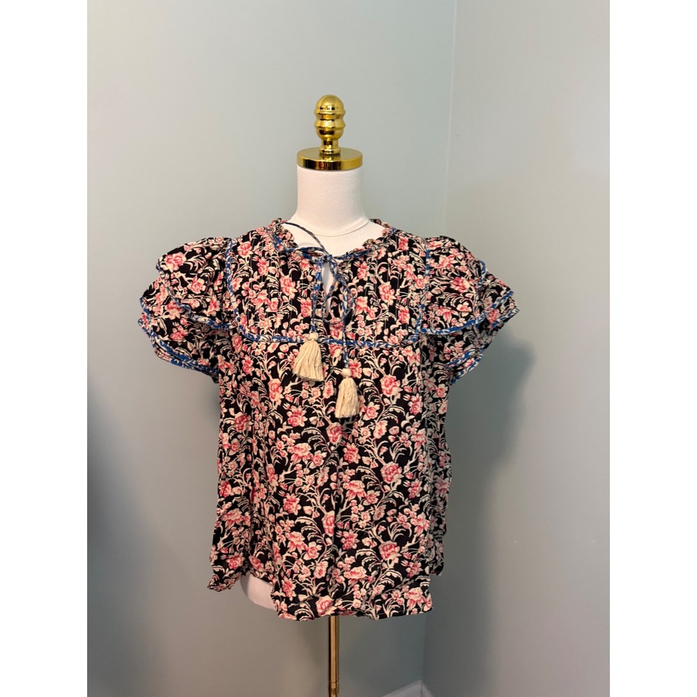 THML Floral Ruffle Sleeve Tassel Tie Blouse XL Black Pink Boho Top